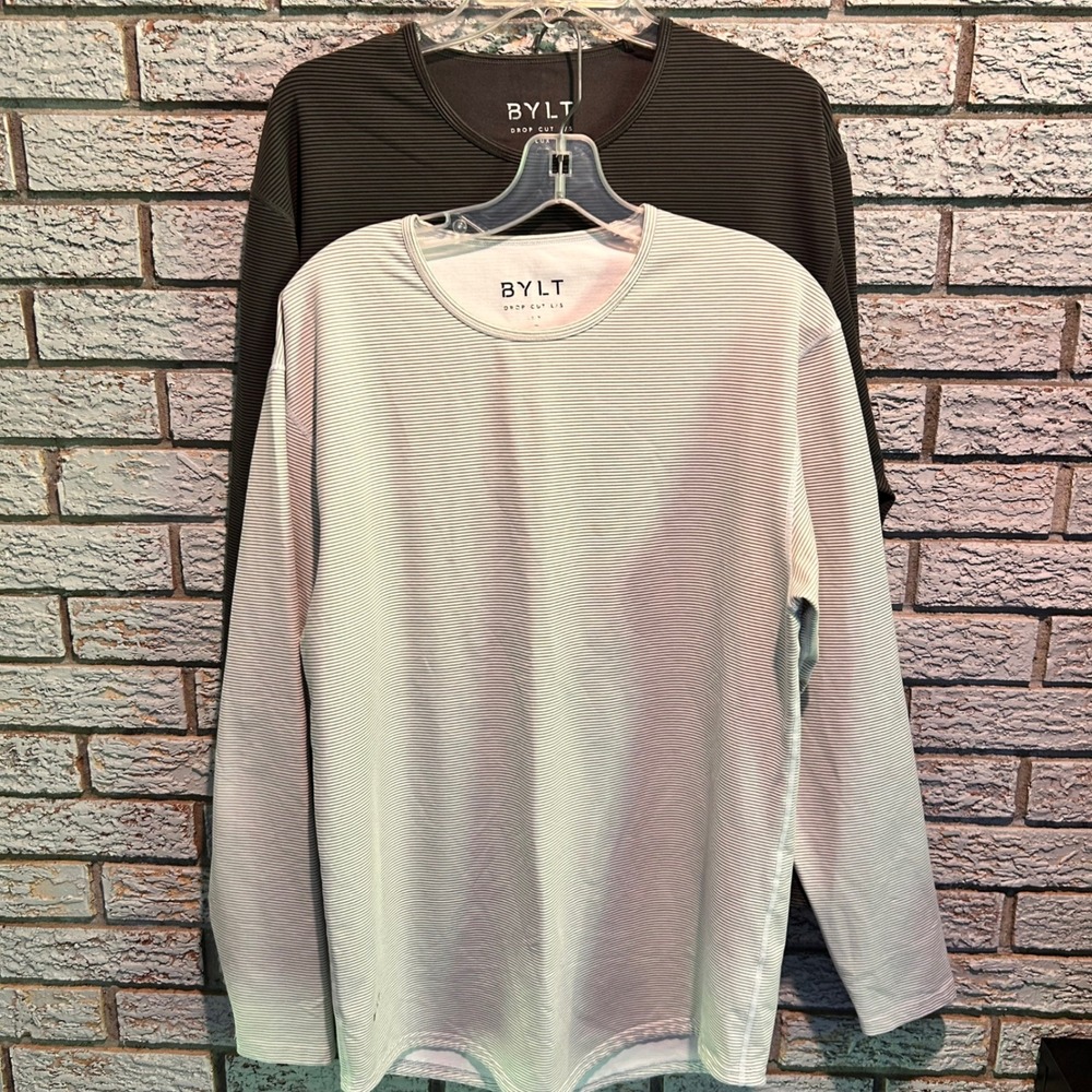 BYLT Men Drop Cut Long Sleeve Lux Shirt 2 Pack Olive Grey Stripe Large L/S